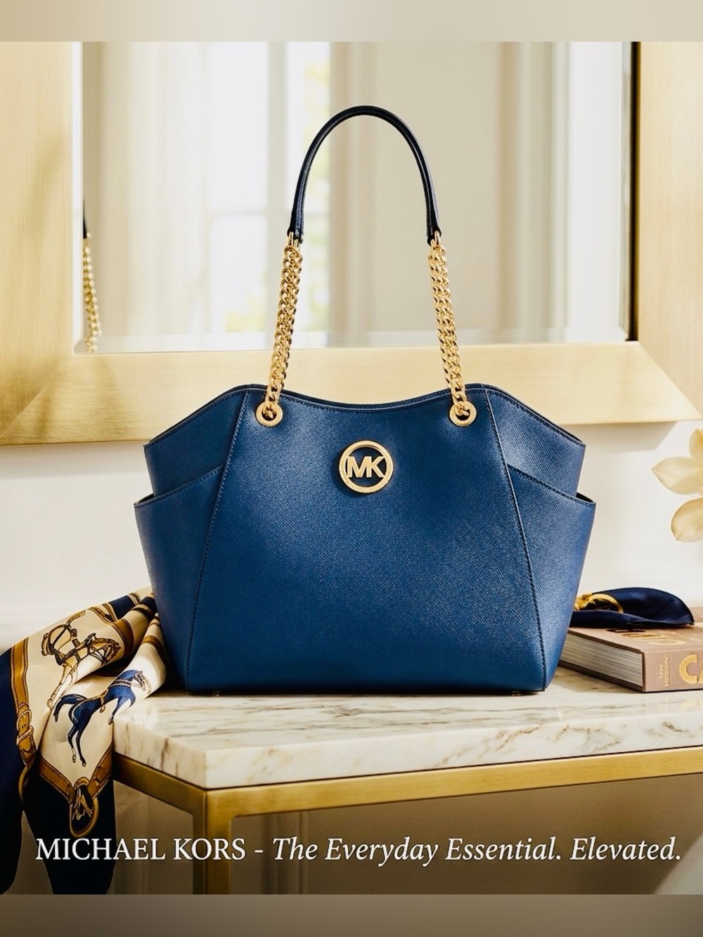 Michael Kors Navy Saffiano Leather Jet Set Shoulder Bag Gold Chain Tote NWT